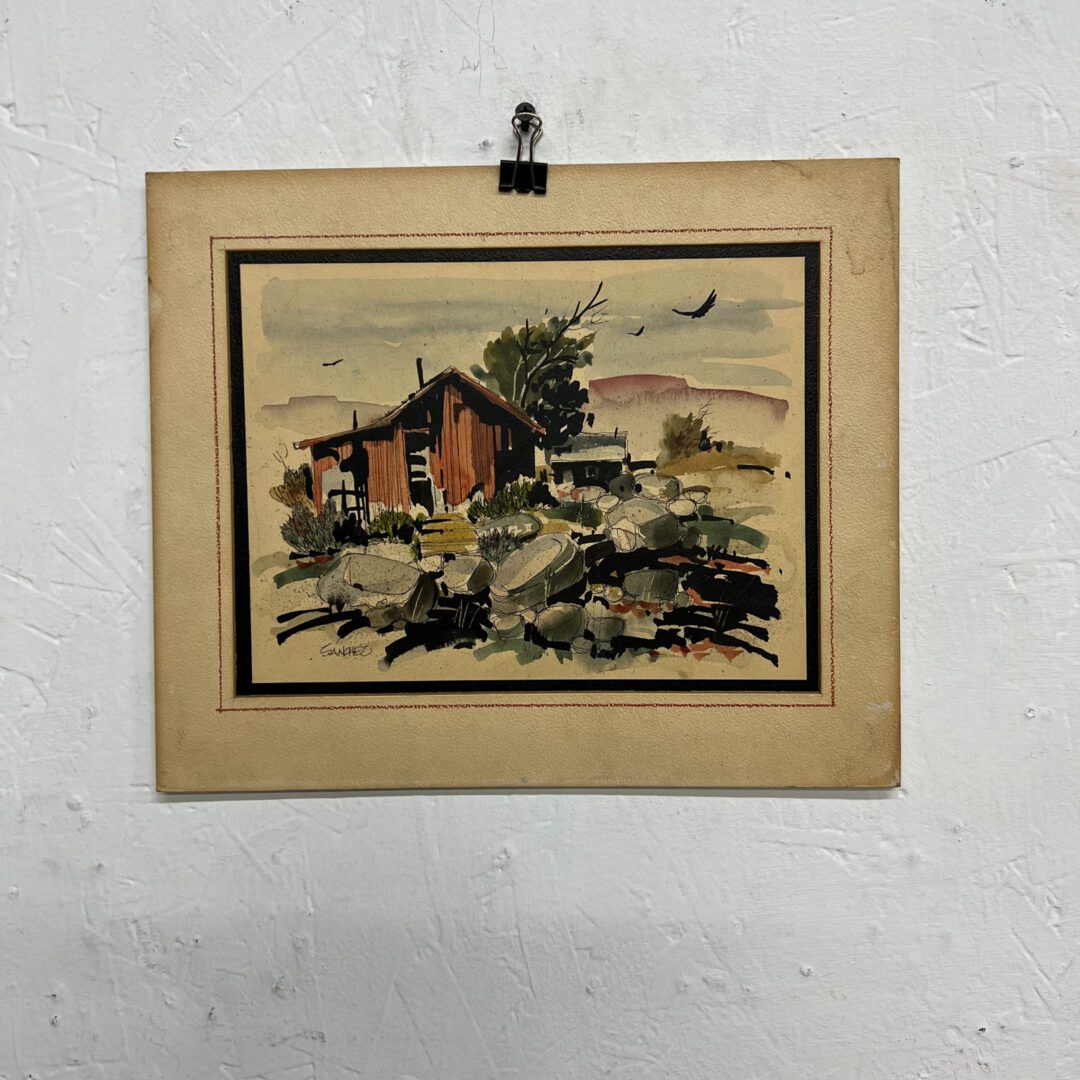 Mid 20th Century Modern Ranch Landscape Watercolor Ink on Paper signed  Sanchez - Ambianic